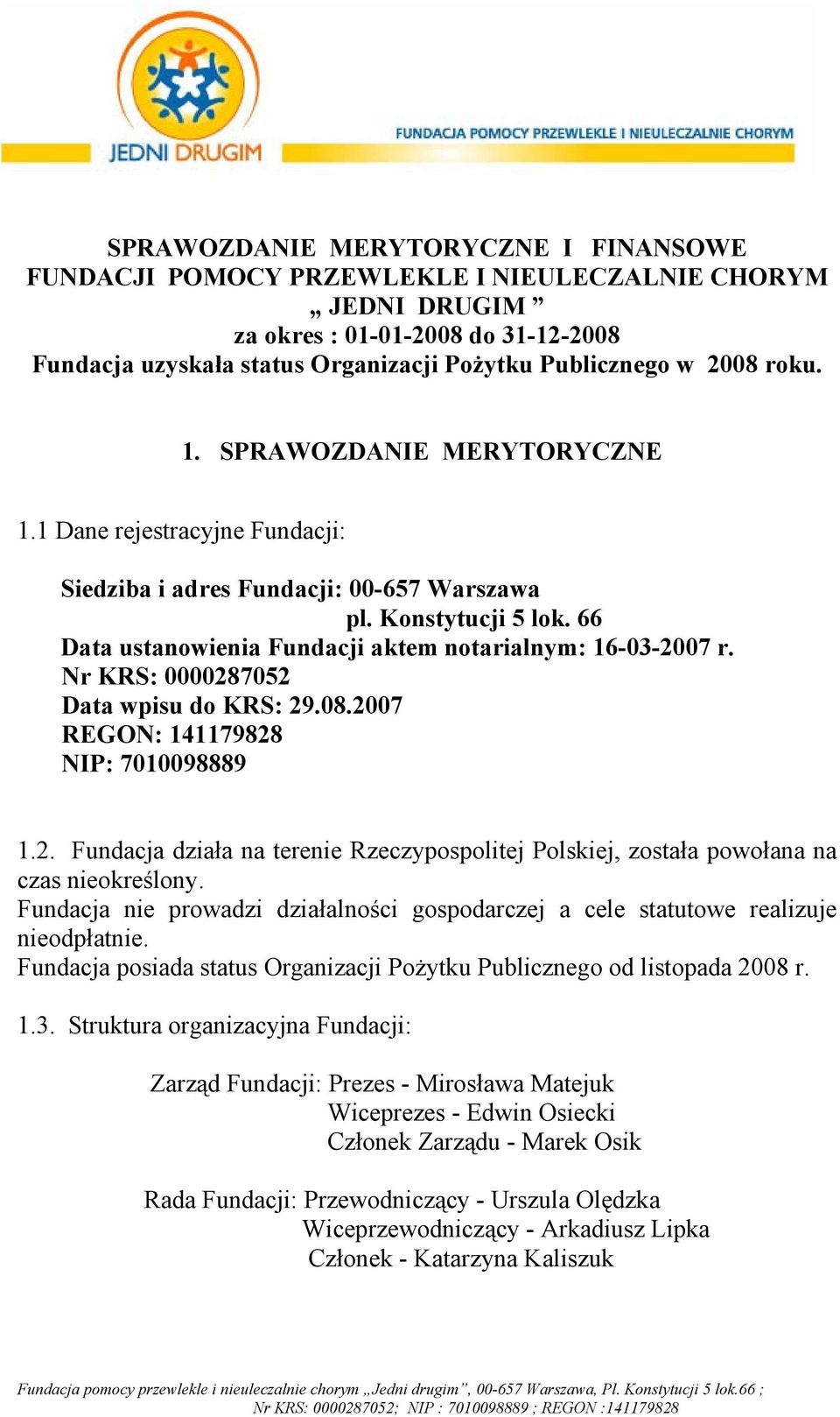 66 Data ustanowienia Fundacji aktem notarialnym: 16-03-2007 r. Nr KRS: 0000287052 Data wpisu do KRS: 29.08.2007 REGON: 141179828 NIP: 7010098889 1.2. Fundacja działa na terenie Rzeczypospolitej Polskiej, została powołana na czas nieokreślony.