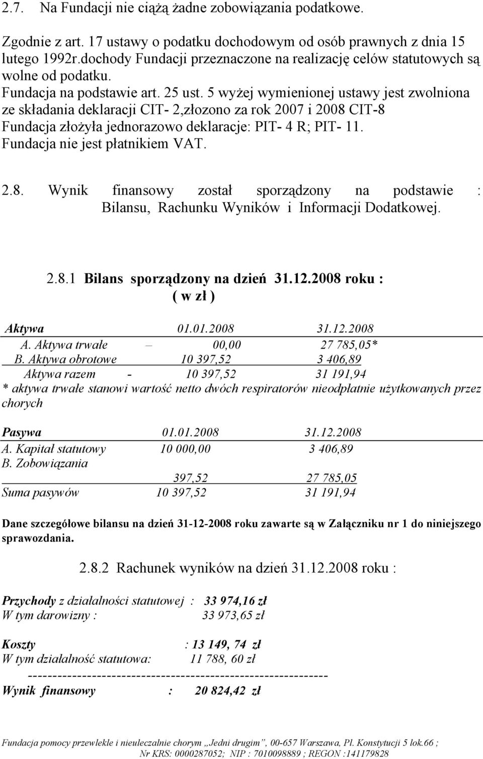 5 wyżej wymienionej ustawy jest zwolniona ze składania deklaracji CIT- 2,złozono za rok 2007 i 2008 CIT-8 Fundacja złożyła jednorazowo deklaracje: PIT- 4 R; PIT- 11. Fundacja nie jest płatnikiem VAT.