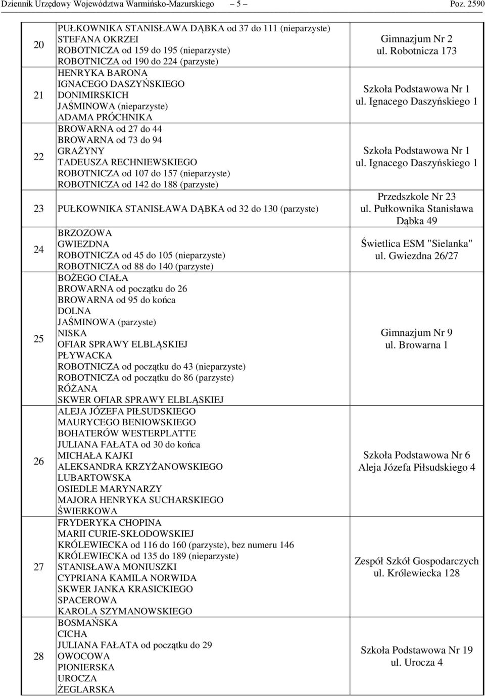 DONIMIRSKICH JAŚMINOWA (nieparzyste) ADAMA PRÓCHNIKA BROWARNA od 27 do 44 BROWARNA od 73 do 94 GRAŻYNY TADEUSZA RECHNIEWSKIEGO ROBOTNICZA od 107 do 157 (nieparzyste) ROBOTNICZA od 142 do 188