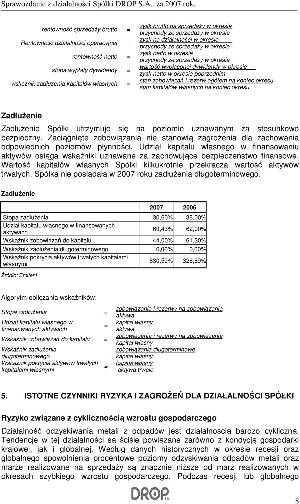 okresie poprzednim stan zobowiązań i rezerw ogółem na koniec okresu stan kapitałów własnych na koniec okresu Zadłużenie Zadłużenie Spółki utrzymuje się na poziomie uznawanym za stosunkowo bezpieczny.