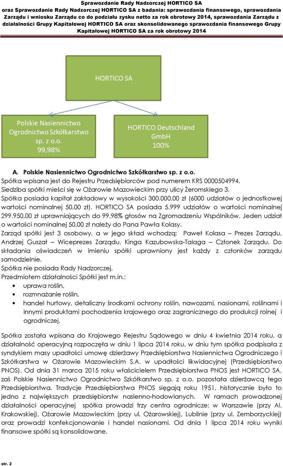 HORTICO SA posiada 5.999 udziałów o wartości nominalnej 299.950,00 zł uprawniających do 99,98% głosów na Zgromadzeniu Wspólników.