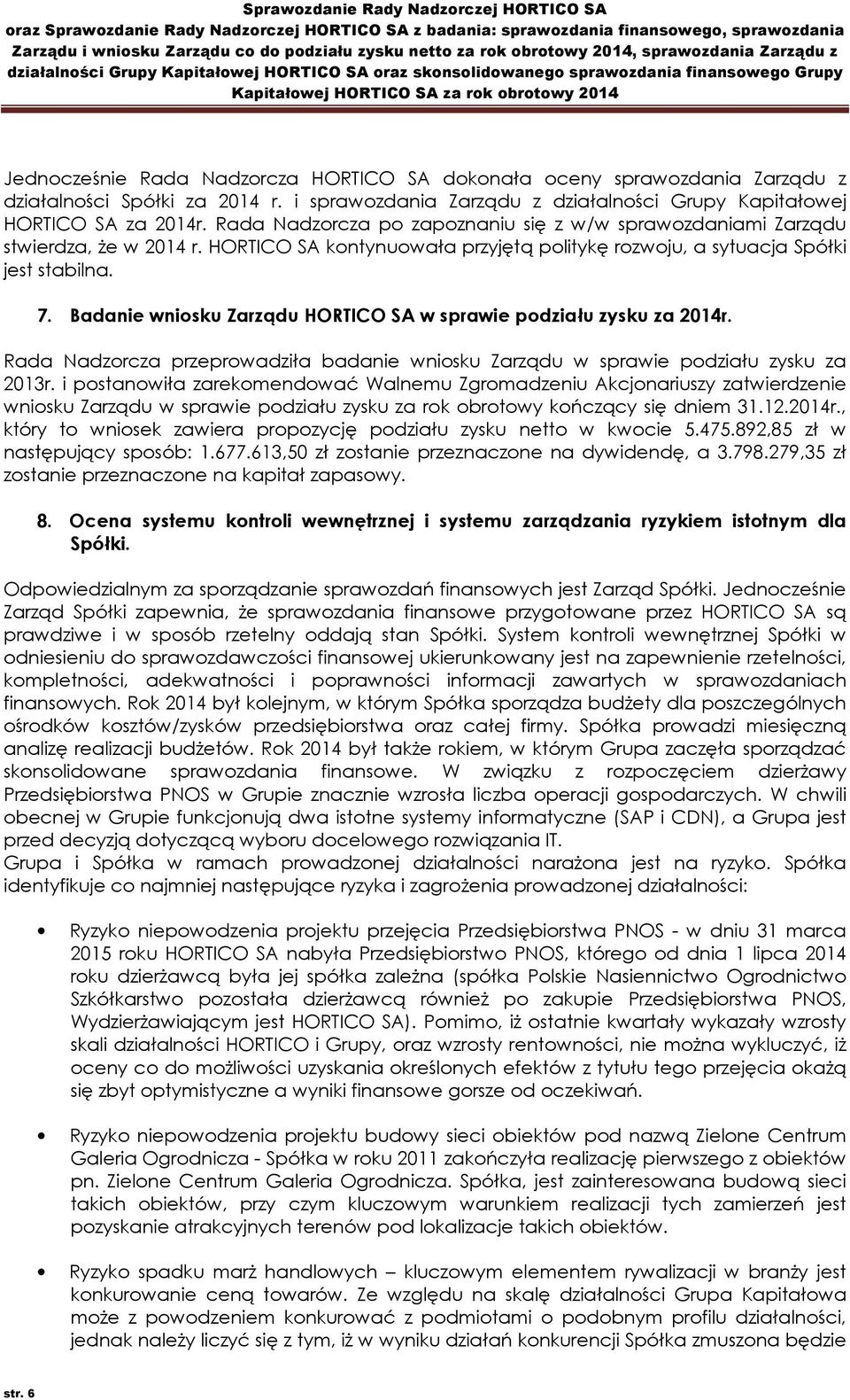 Badanie wniosku Zarządu HORTICO SA w sprawie podziału zysku za 2014r. Rada Nadzorcza przeprowadziła badanie wniosku Zarządu w sprawie podziału zysku za 2013r.