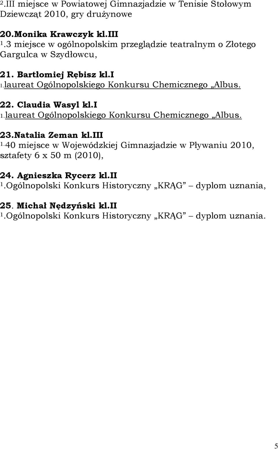 laureat Ogólnopolskiego Konkursu Chemicznego Albus. 22. Claudia Wasyl kl.i 1.laureat Ogólnopolskiego Konkursu Chemicznego Albus. 23.Natalia Zeman kl.iii 1.