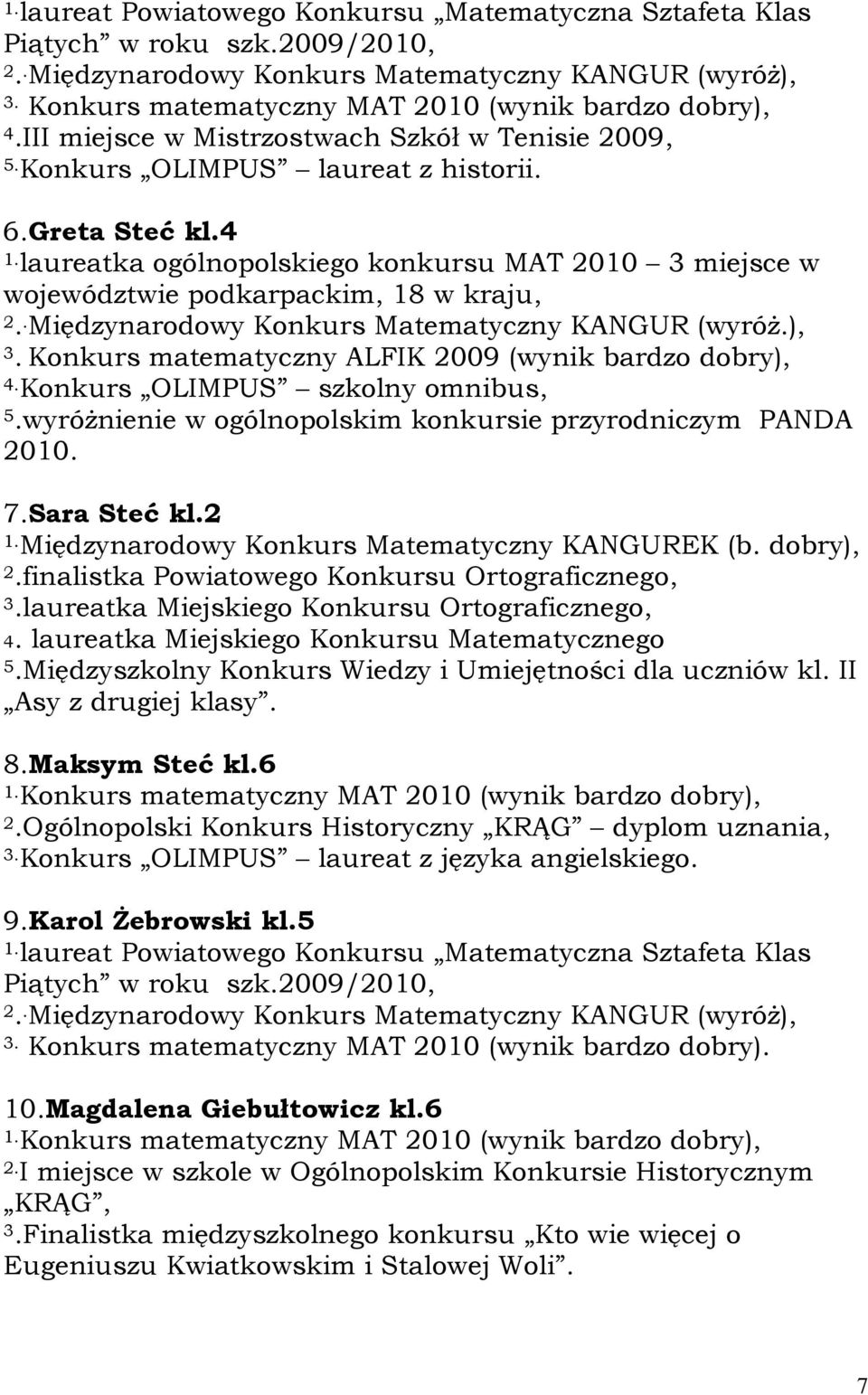 laureatka ogólnopolskiego konkursu MAT 2010 3 miejsce w województwie podkarpackim, 18 w kraju, 2.. Międzynarodowy Konkurs Matematyczny KANGUR (wyróż.), 3.