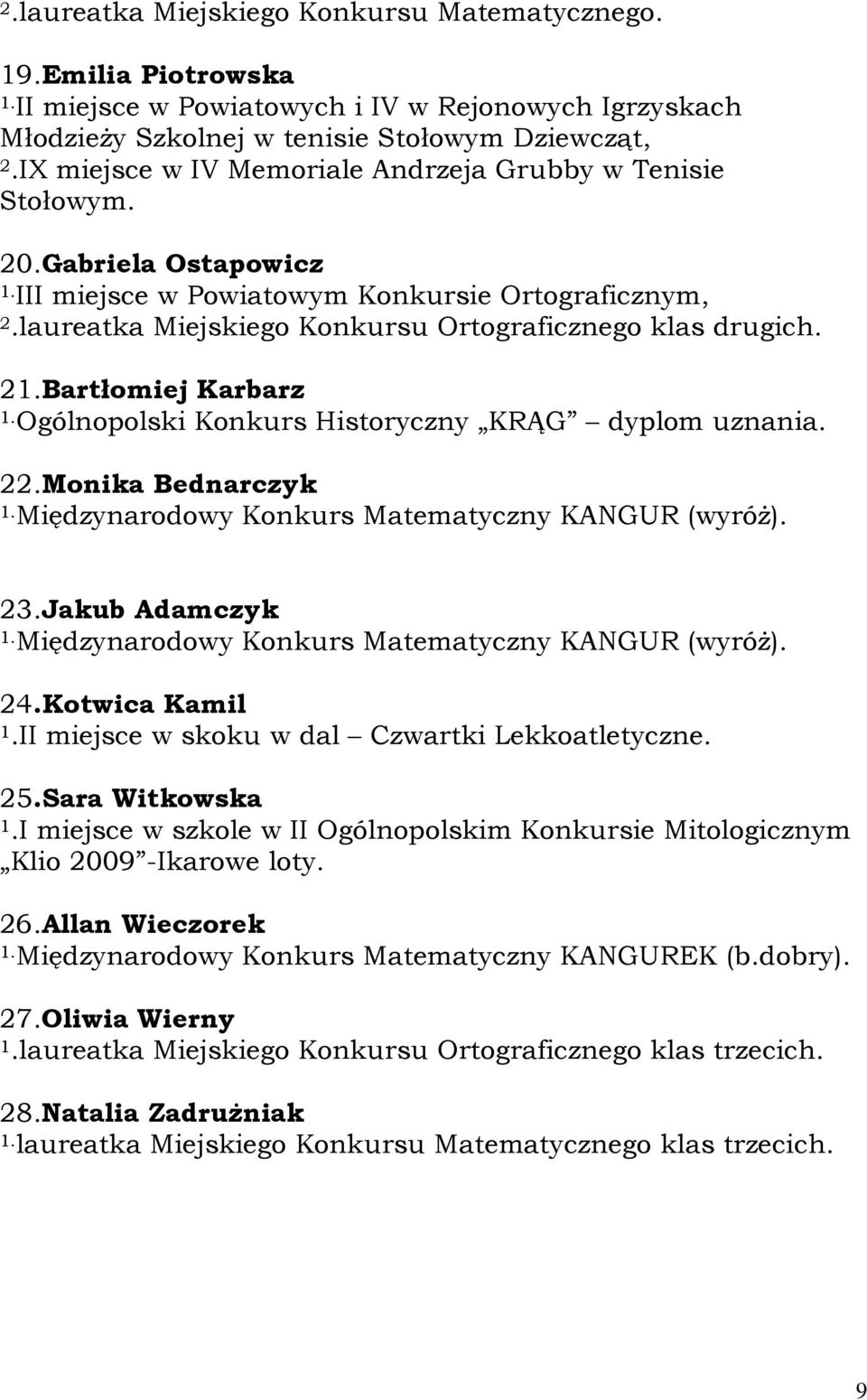 21.Bartłomiej Karbarz 1.Ogólnopolski Konkurs Historyczny KRĄG dyplom uznania. 22.Monika Bednarczyk 1.Międzynarodowy Konkurs Matematyczny KANGUR (wyróż). 23.Jakub Adamczyk 1.