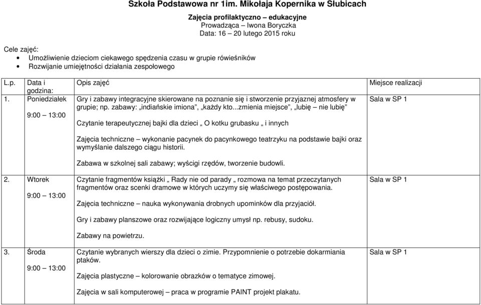 rówieśników Rozwijanie umiejętności działania zespołowego L.p. Data i godzina: 1. Poniedziałek 2. Wtorek 3.