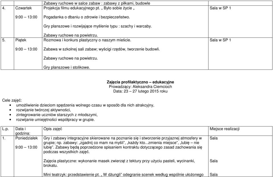 Zabawa w szkolnej sali zabaw; wyścigi rzędów, tworzenie budowli. Zabawy ruchowe na powietrzu. Gry planszowe i stolikowe.