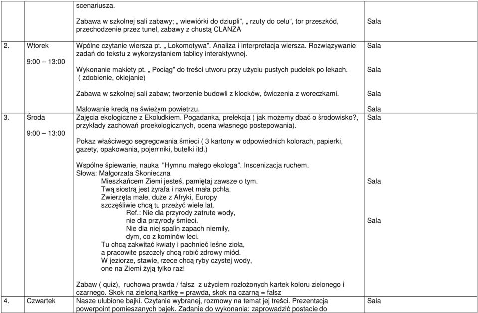 ( zdobienie, oklejanie) Zabawa w szkolnej sali zabaw; tworzenie budowli z klocków, ćwiczenia z woreczkami. Malowanie kredą na świeŝym powietrzu. Zajęcia ekologiczne z Ekoludkiem.