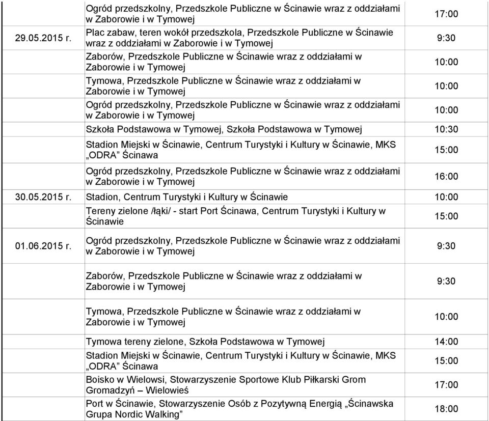 oddziałami w 9:30 Szkoła Podstawowa w Tymowej, Szkoła Podstawowa w Tymowej 10:30 Stadion Miejski w Ścinawie, Centrum Turystyki i Kultury w Ścinawie, MKS ODRA Ścinawa 16:00 30.05.2015 r.