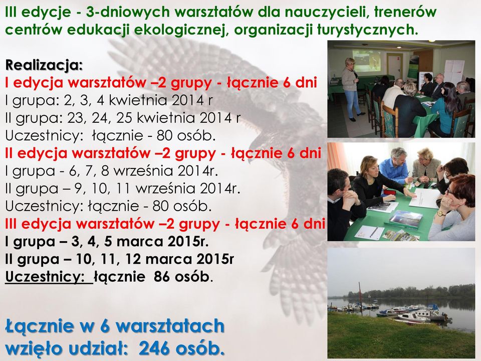 Realizacja: I edycja warsztatów 2 grupy - łącznie 6 dni I grupa: 2, 3, 4 kwietnia 2014 r II grupa: 23, 24, 25 kwietnia 2014 r Uczestnicy: łącznie - 80