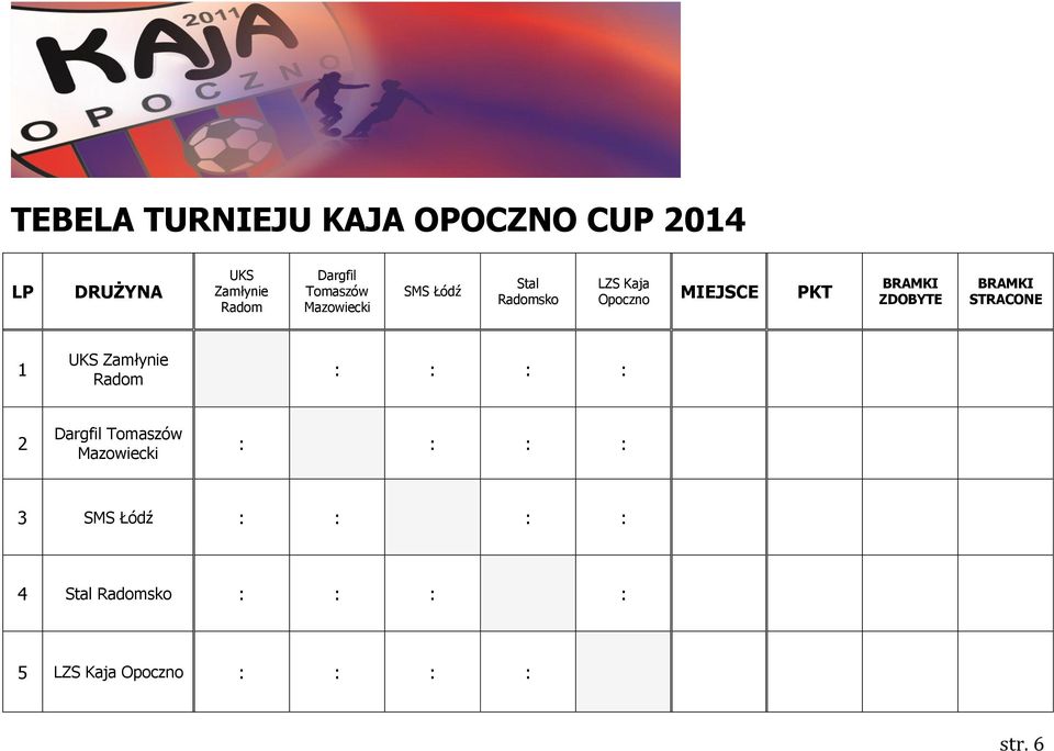 ZDOBYTE BRAMKI STRACONE 1 UKS Zamłynie Radom : : : : 2 Dargfil Tomaszów