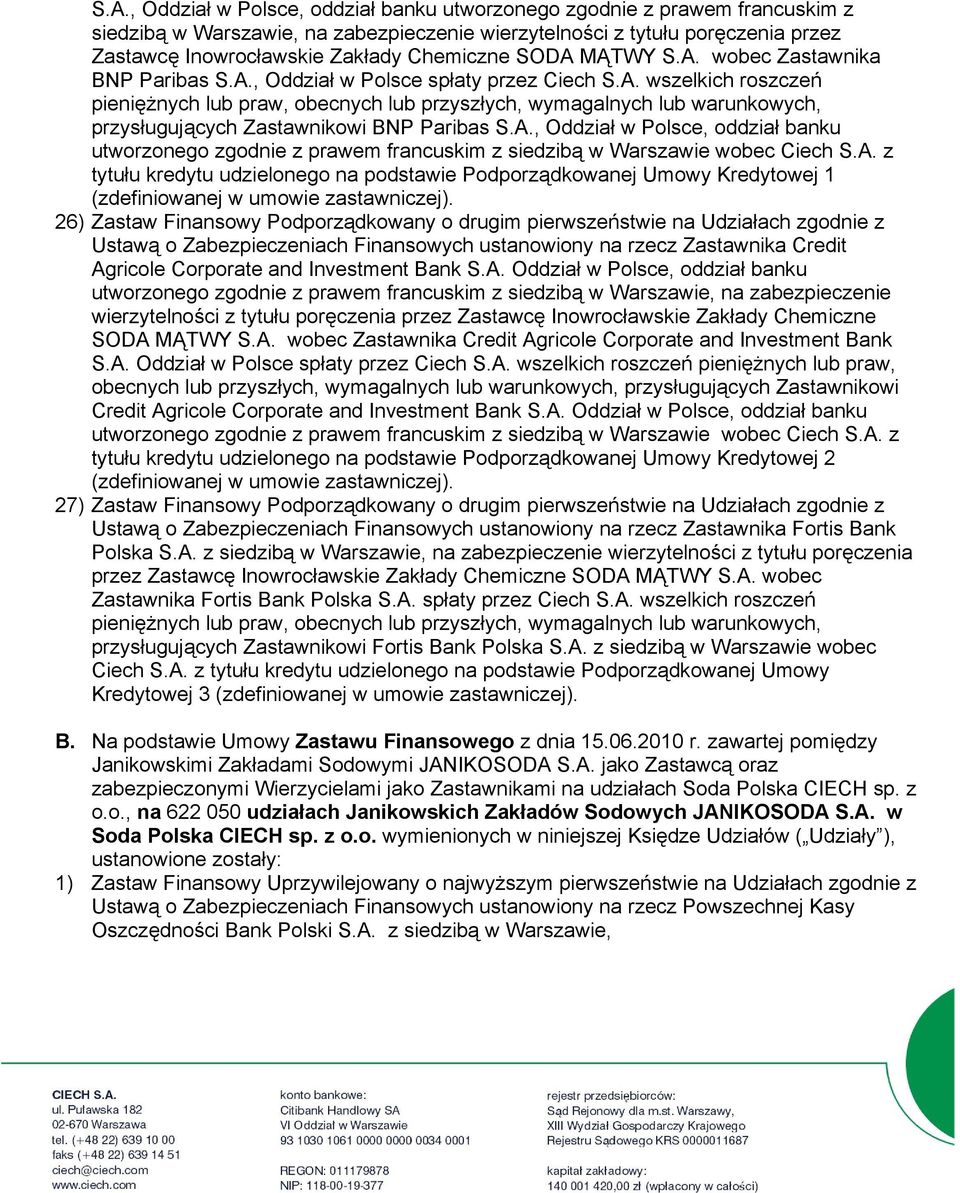 A., Oddział w Polsce, oddział banku utworzonego zgodnie z prawem francuskim z siedzibą w Warszawie wobec Ciech S.A. z tytułu kredytu udzielonego na podstawie Podporządkowanej Umowy Kredytowej 1 (zdefiniowanej w umowie zastawniczej).