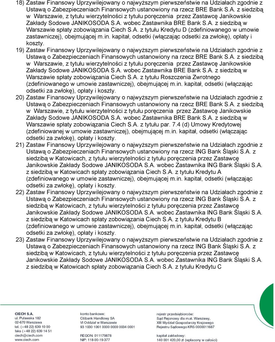 19) Zastaw Finansowy Uprzywilejowany o najwyższym pierwszeństwie na Udziałach zgodnie z w Warszawie, z tytułu wierzytelności z tytułu poręczenia przez Zastawcę Janikowskie Zakłady Sodowe JANIKOSODA S.