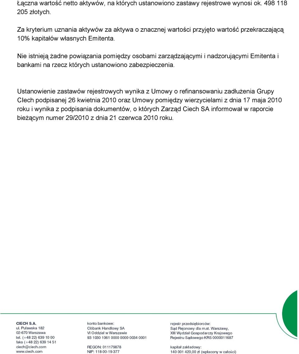 Nie istnieją żadne powiązania pomiędzy osobami zarządzającymi i nadzorującymi Emitenta i bankami na rzecz których ustanowiono zabezpieczenia.