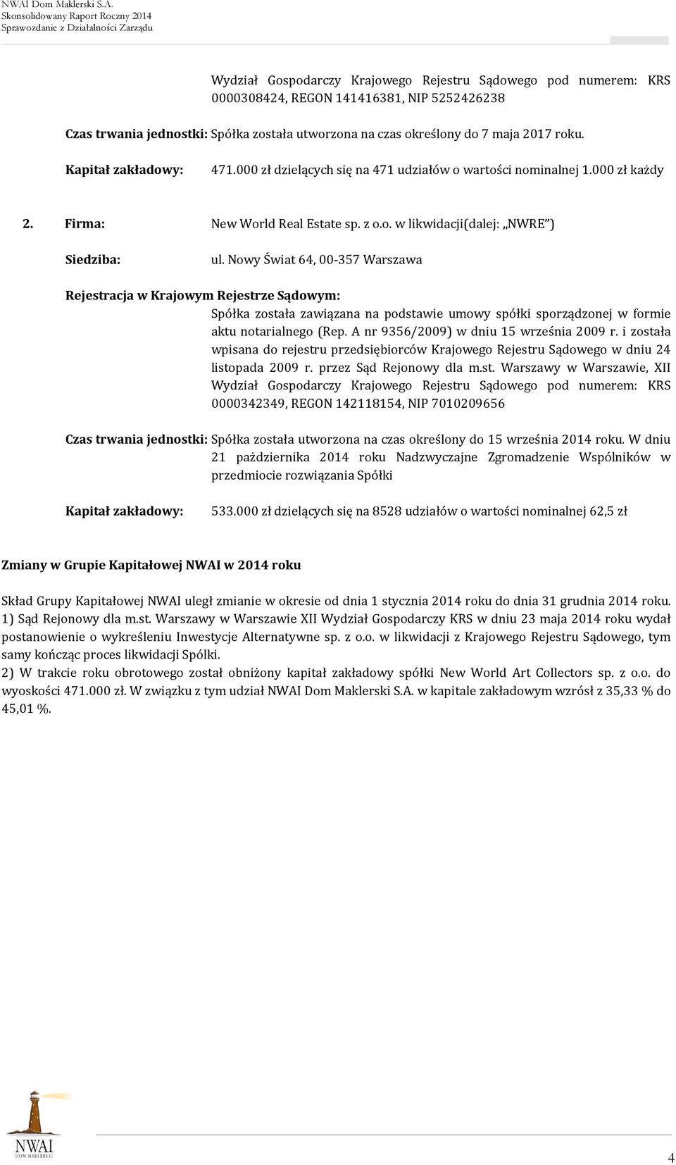 Nowy Świat 64, 00-357 Warszawa Rejestracja w Krajowym Rejestrze Sądowym: Spółka została zawiązana na podstawie umowy spółki sporządzonej w formie aktu notarialnego (Rep.