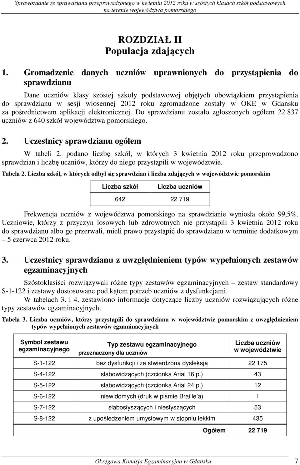 zgromadzone zostały w OKE w Gdańsku za pośrednictwem aplikacji elektronicznej. Do sprawdzianu zostało zgłoszonych ogółem 22 837 uczniów z 640 szkół województwa pomorskiego. 2. Uczestnicy sprawdzianu ogółem W tabeli 2.