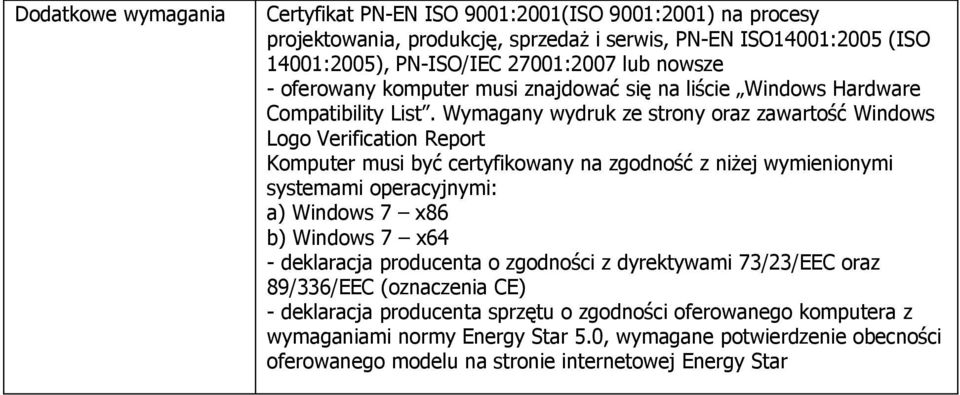 Wymagany wydruk ze strony oraz zawartość Windows Logo Verification Report Komputer musi być certyfikowany na zgodność z niżej wymienionymi systemami operacyjnymi: a) Windows 7 x86 b)