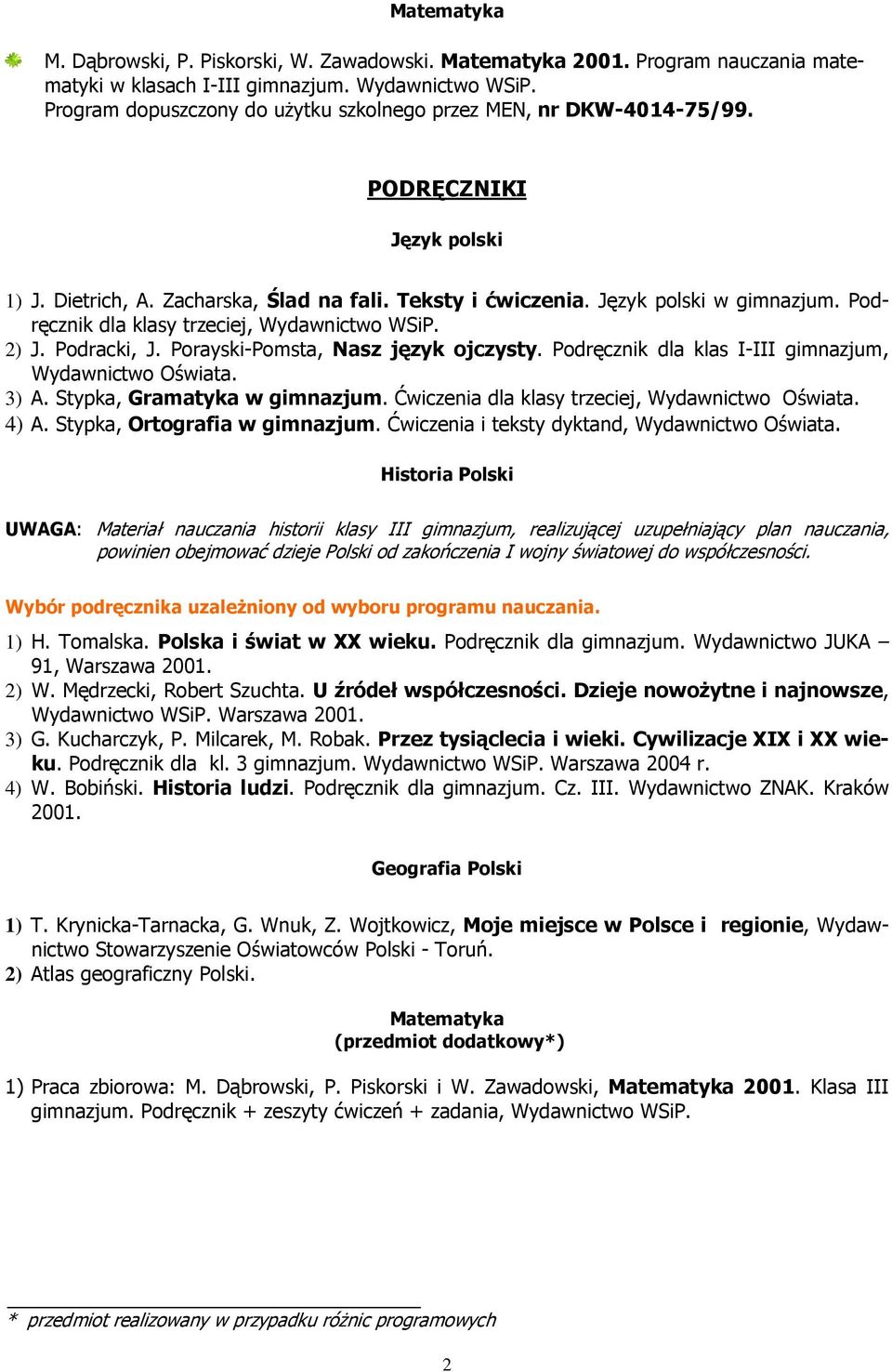 Podręcznik dla klas I-III gimnazjum, Wydawnictwo Oświata. 3) A. Stypka, Gramatyka w gimnazjum. Ćwiczenia dla klasy trzeciej, Wydawnictwo Oświata. 4) A. Stypka, Ortografia w gimnazjum.