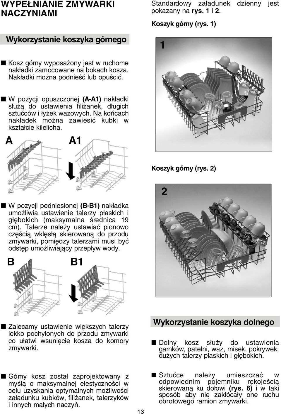 W pozycji opuszczonej (A-A1) nak adki s u à do ustawienia fili anek, d ugich sztuçców i y ek wazowych. Na koƒcach nak adek mo na zawiesiç kubki w kszta cie kilelicha. A A1 Koszyk górny (rys.