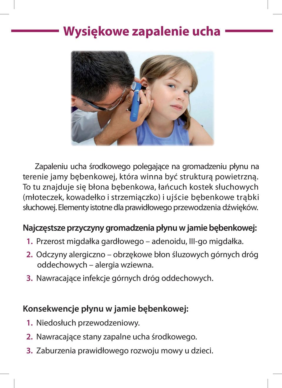 Elementy istotne dla prawidłowego przewodzenia dźwięków. Najczęstsze przyczyny gromadzenia płynu w jamie bębenkowej: 1. Przerost migdałka gardłowego adenoidu, III-go migdałka. 2.