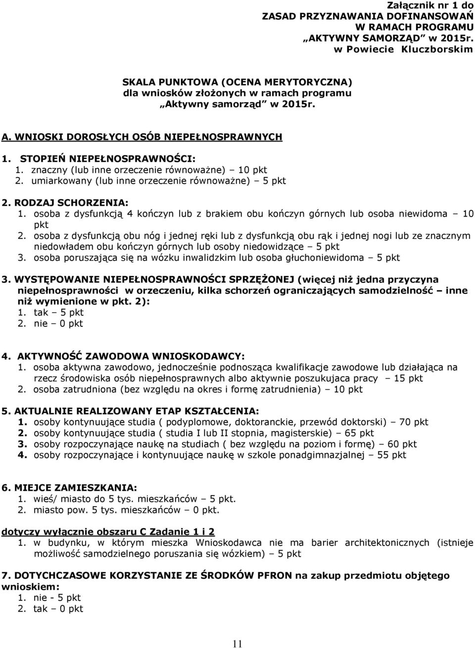 STOPIEŃ NIEPEŁNOSPRAWNOŚCI: 1. znaczny (lub inne orzeczenie równoważne) 10 pkt 2. umiarkowany (lub inne orzeczenie równoważne) 5 pkt 2. RODZAJ SCHORZENIA: 1.