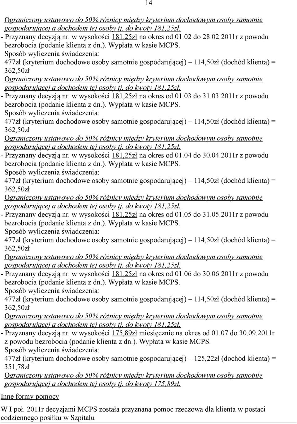 w wysokości 181,25zł na okres od 01.03 do 31.03.2011r z powodu bezrobocia (podanie klienta z dn.).  w wysokości 181,25zł na okres od 01.04 do 30.04.2011r z powodu bezrobocia (podanie klienta z dn.).  w wysokości 181,25zł na okres od 01.05 do 31.