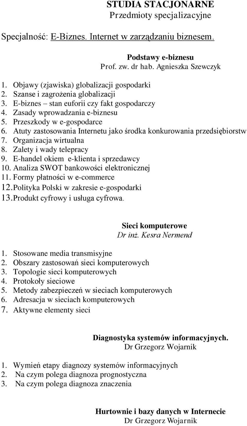 Atuty zastosowania Internetu jako środka konkurowania przedsiębiorstw 7. Organizacja wirtualna 8. Zalety i wady telepracy 9. E-handel okiem e-klienta i sprzedawcy 10.