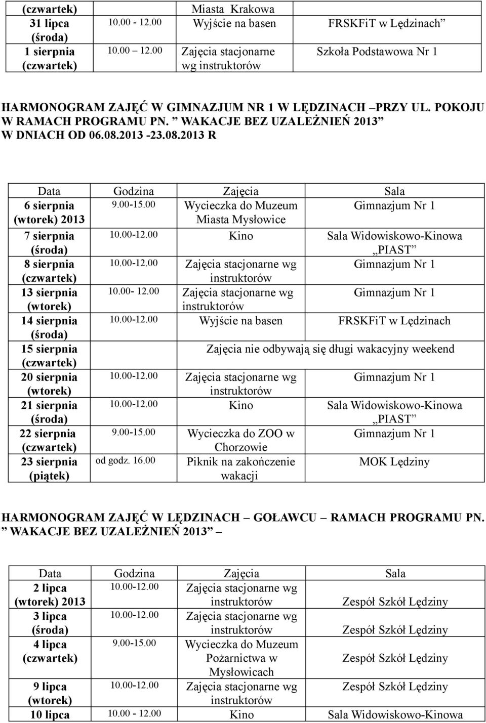 00-12.00 Wyjście na basen FRSKFiT w Lędzinach 15 sierpnia 20 sierpnia Gimnazjum Nr 1 2 10.00-12.00 Kino Sala Widowiskowo-Kinowa 22 sierpnia 9.00-15.