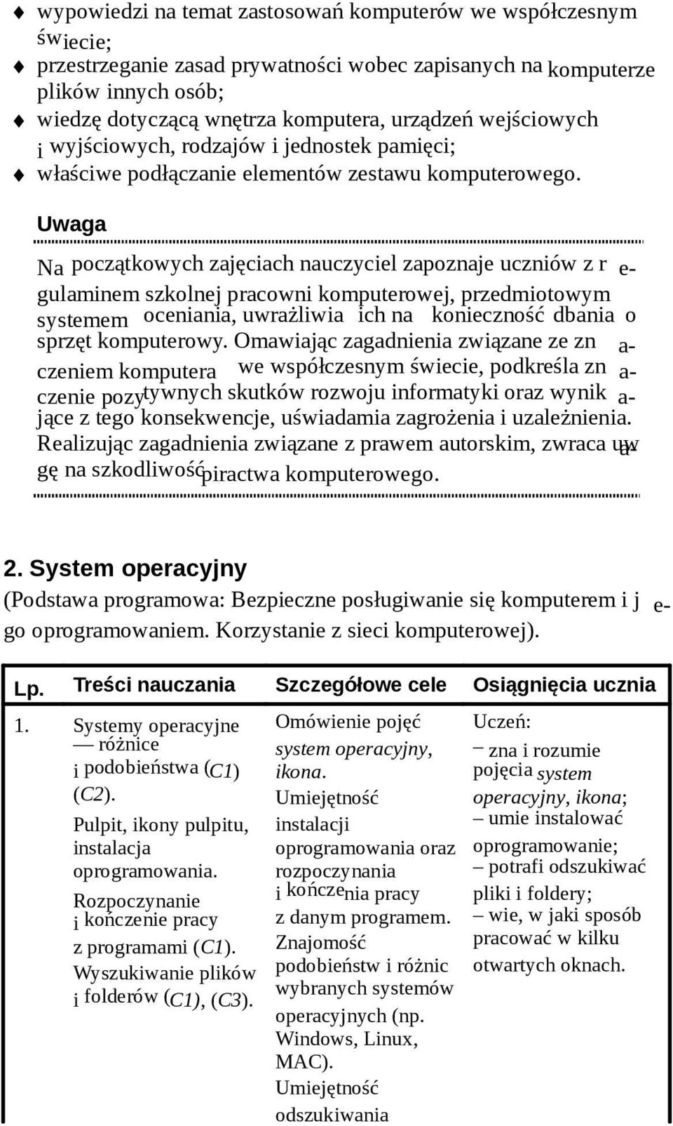 Uwaga Na początkowych zajęciach nauczyciel zapoznaje uczniów z r e- gulaminem szkolnej pracowni komputerowej, przedmiotowym systemem oceniania, uwrażliwia ich na konieczność dbania o sprzęt