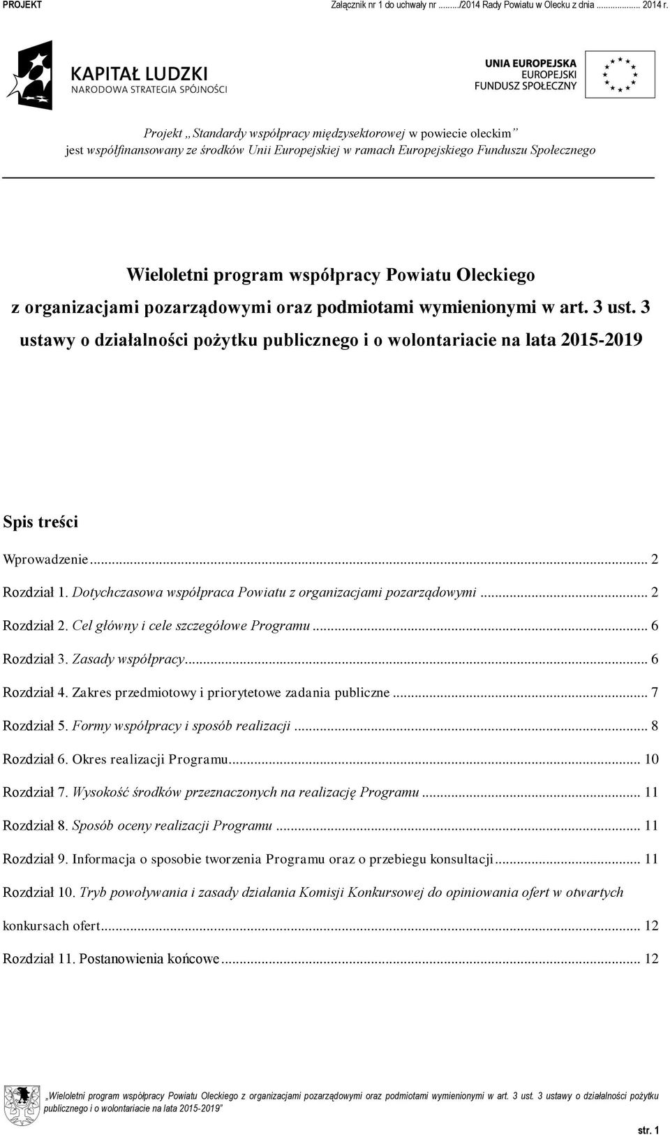 .. 2 Rozdział 1. Dotychczasowa współpraca Powiatu z organizacjami pozarządowymi... 2 Rozdział 2. Cel główny i cele szczegółowe Programu... 6 Rozdział 3. Zasady współpracy... 6 Rozdział 4.