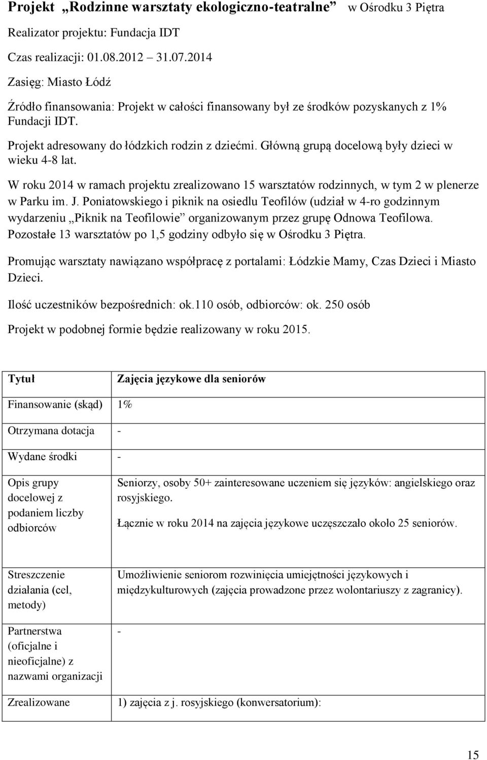 Główną grupą docelową były dzieci w wieku 4-8 lat. W roku 2014 w ramach projektu zrealizowano 15 warsztatów rodzinnych, w tym 2 w plenerze w Parku im. J.