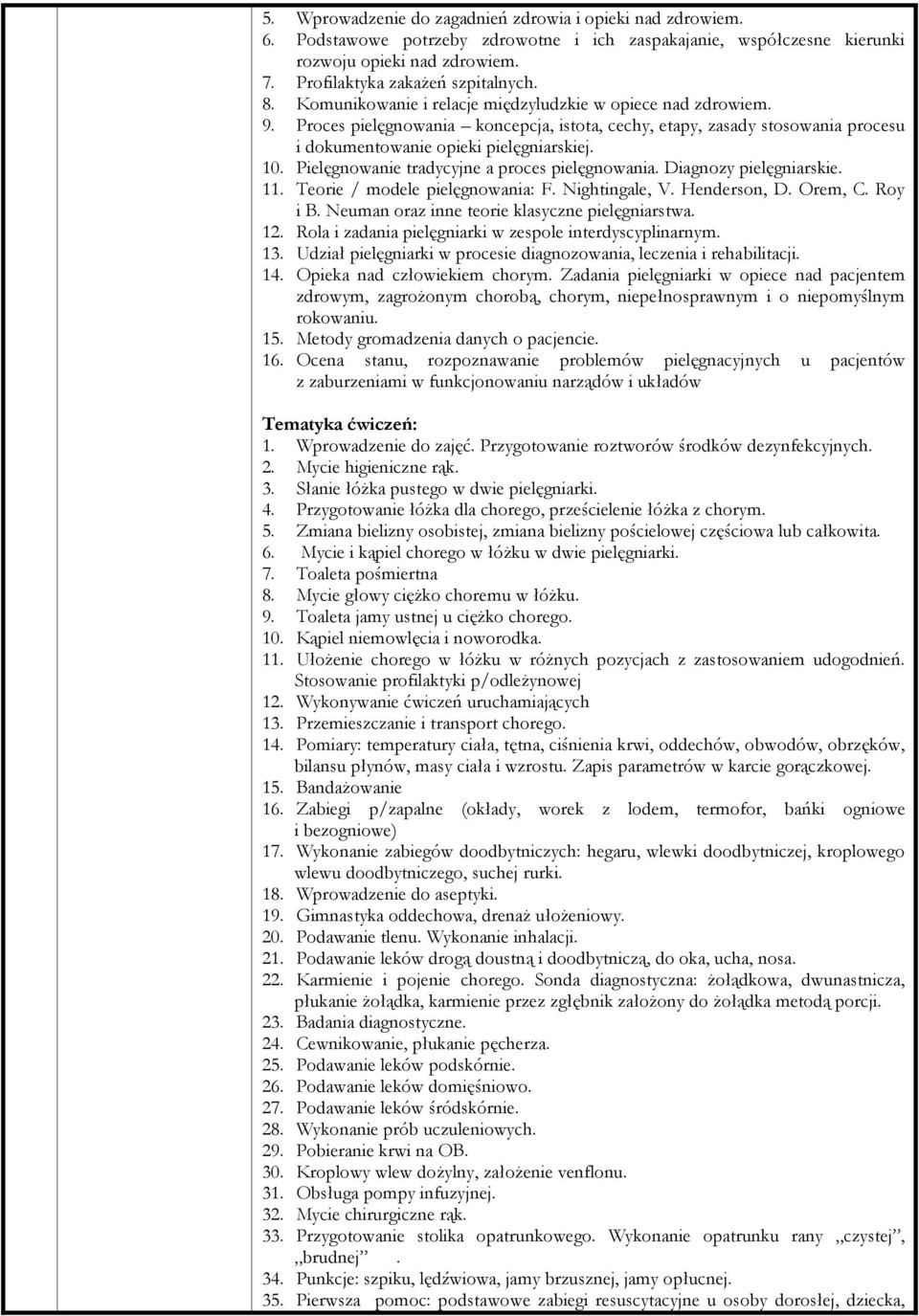 Pielęgnowanie tradycyjne a proces pielęgnowania. Diagnozy pielęgniarskie. 11. Teorie / modele pielęgnowania: F. Nightingale, V. Henderson, D. Orem, C. Roy i B.