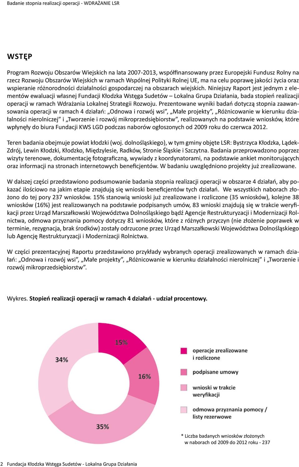 Niniejszy Raport jest jednym z elementów ewaluacji własnej Fundacji Kłodzka Wstęga Sudetów Lokalna Grupa Działania, bada stopień realizacji operacji w ramach Wdrażania Lokalnej Strategii Rozwoju.