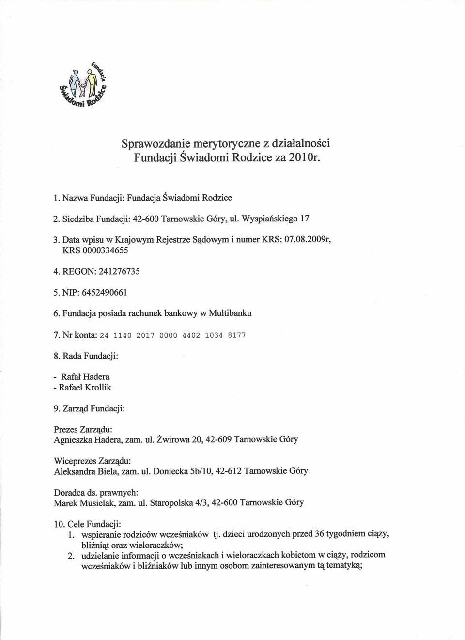 Nr konta: 24 114020170000440210348177 8. Rada Fundacji: - Rafał Hadera - Rafael Krollik 9. Zarząd Fundacji: Prezes Zarządu:.Agnieszka Hadera, zam. ul.