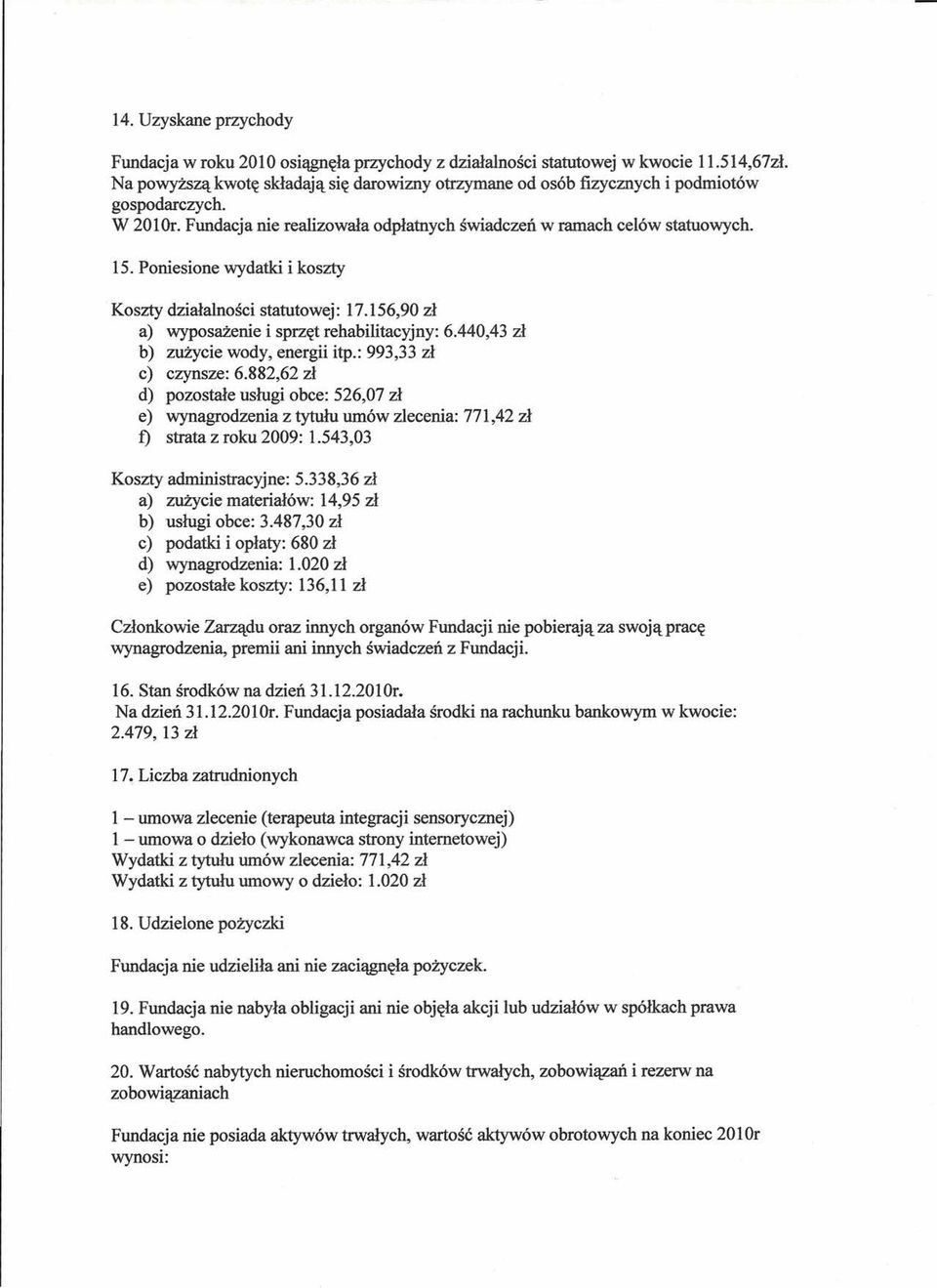 Poniesione wydatki i koszty Koszty działalności statutowej: 17.156,90 zł a) wyposażenie i sprzęt rehabilitacyjny: 6.440,43 zł b) zużycie wody, energii itp.: 993,33 zł c) czynsze: 6.