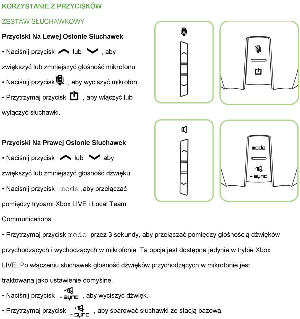 Przyciski Na Prawej Osłonie Słuchawek Naciśnij przycisk lub aby zwiększyć lub zmniejszyć głośność dźwięku. Naciśnij przycisk mode,aby przełączać pomiędzy trybami Xbox LIVE i Local Team Communications.