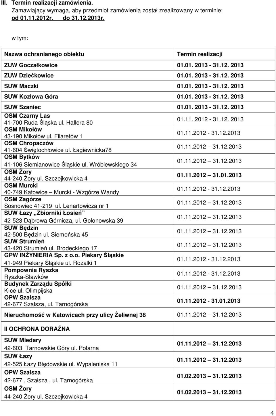 01. 2013-31.12. 2013 OSM Czarny Las 41-700 Ruda Śląska ul. Hallera 80 OSM Mikołów 43-190 Mikołów ul. Filaretów 1 OSM Chropaczów 41-604 Świętochłowice ul.