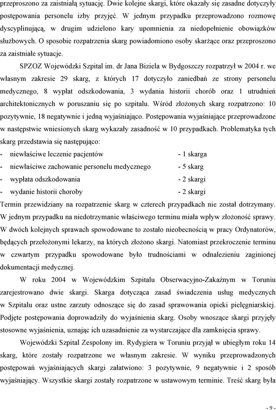 O sposobie rozpatrzenia skarg powiadomiono osoby skarżące oraz przeproszono za zaistniałe sytuacje. SPZOZ Wojewódzki Szpital im. dr Jana Biziela w Bydgoszczy rozpatrzył w 2004 r.