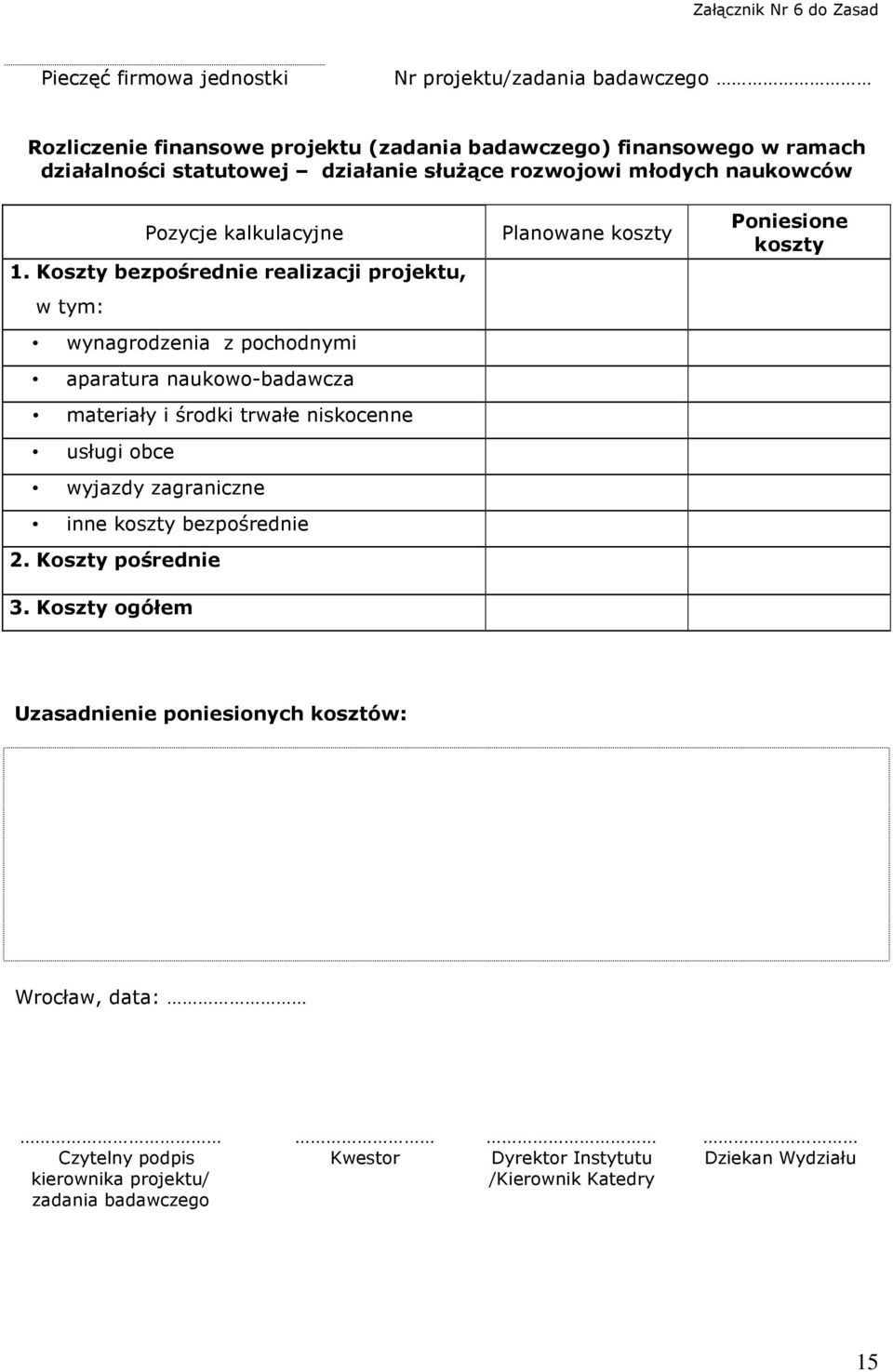 Koszty bezpośrednie realizacji projektu, w tym: wynagrodzenia z pochodnymi aparatura naukowo-badawcza materiały i środki trwałe niskocenne usługi obce wyjazdy zagraniczne