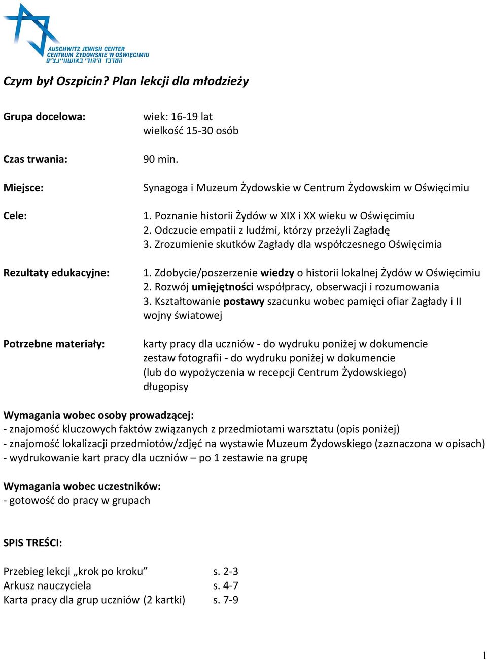 Zrozumienie skutków Zagłady dla współczesnego Oświęcimia 1. Zdobycie/poszerzenie wiedzy o historii lokalnej Żydów w Oświęcimiu 2. Rozwój umięjętności współpracy, obserwacji i rozumowania 3.