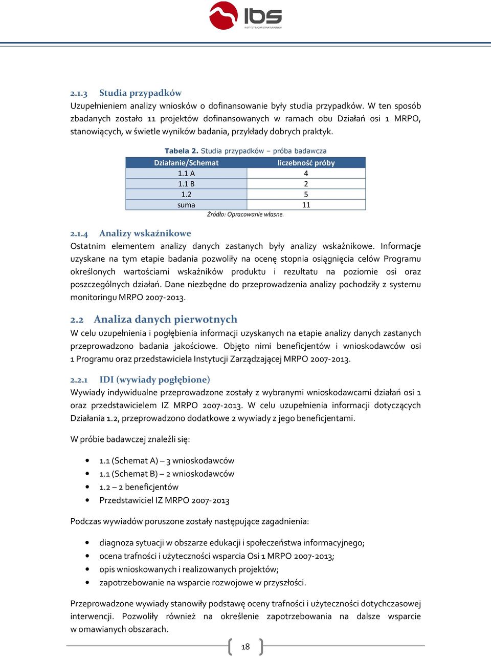 Studia przypadków próba badawcza Działanie/Schemat liczebność próby 1.1 A 4 1.1 B 2 1.2 5 suma 11 Źródło: Opracowanie własne. 2.1.4 Analizy wskaźnikowe Ostatnim elementem analizy danych zastanych były analizy wskaźnikowe.