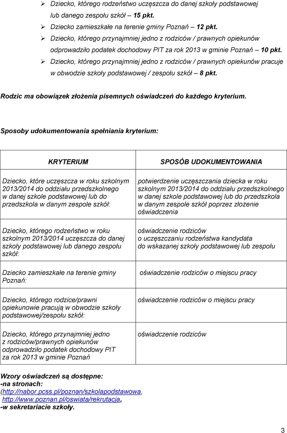 Dziecko, którego przynajmniej jedno z rodziców / prawnych opiekunów pracuje w obwodzie szkoły podstawowej / zespołu szkół 8 pkt. Rodzic ma obowiązek złożenia pisemnych oświadczeń do każdego kryterium.