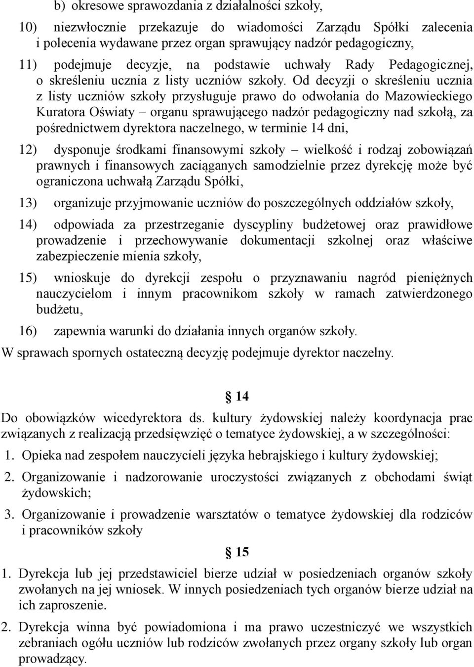 Od decyzji o skreśleniu ucznia z listy uczniów szkoły przysługuje prawo do odwołania do Mazowieckiego Kuratora Oświaty organu sprawującego nadzór pedagogiczny nad szkołą, za pośrednictwem dyrektora