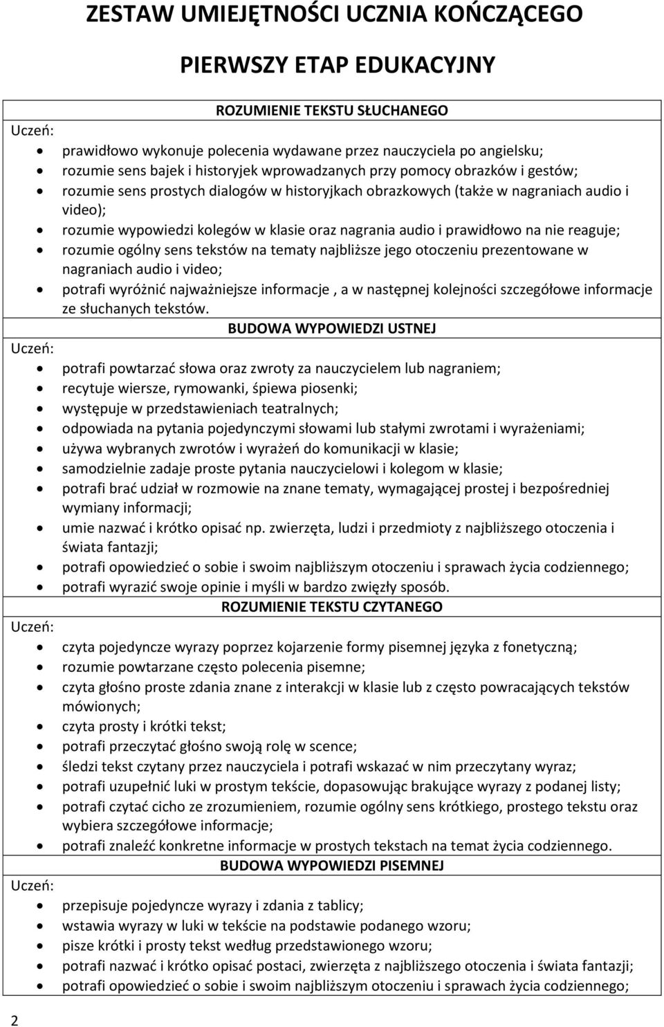prawidłowo na nie reaguje; rozumie ogólny sens tekstów na tematy najbliższe jego otoczeniu prezentowane w nagraniach audio i video; potrafi wyróżnić najważniejsze informacje, a w następnej kolejności