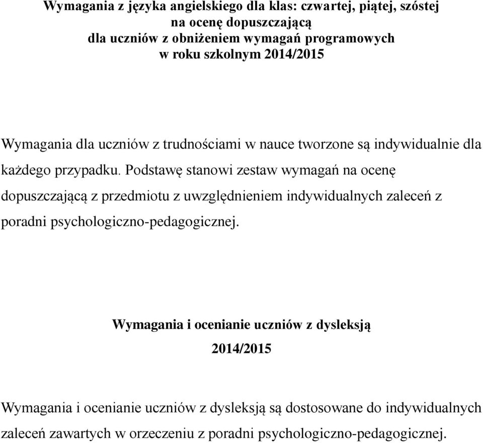 Podstawę stanowi zestaw wymagań na ocenę dopuszczającą z przedmiotu z uwzględnieniem indywidualnych zaleceń z poradni psychologiczno-pedagogicznej.