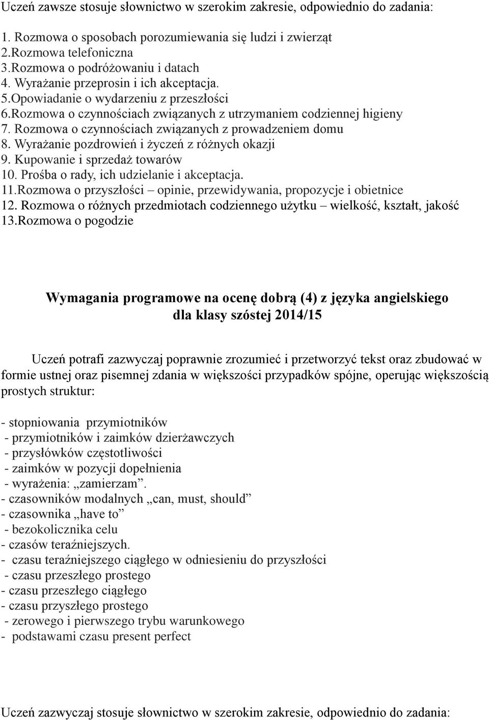 Rozmowa o czynnościach związanych z prowadzeniem domu 8. Wyrażanie pozdrowień i życzeń z różnych okazji 9. Kupowanie i sprzedaż towarów 10. Prośba o rady, ich udzielanie i akceptacja. 11.