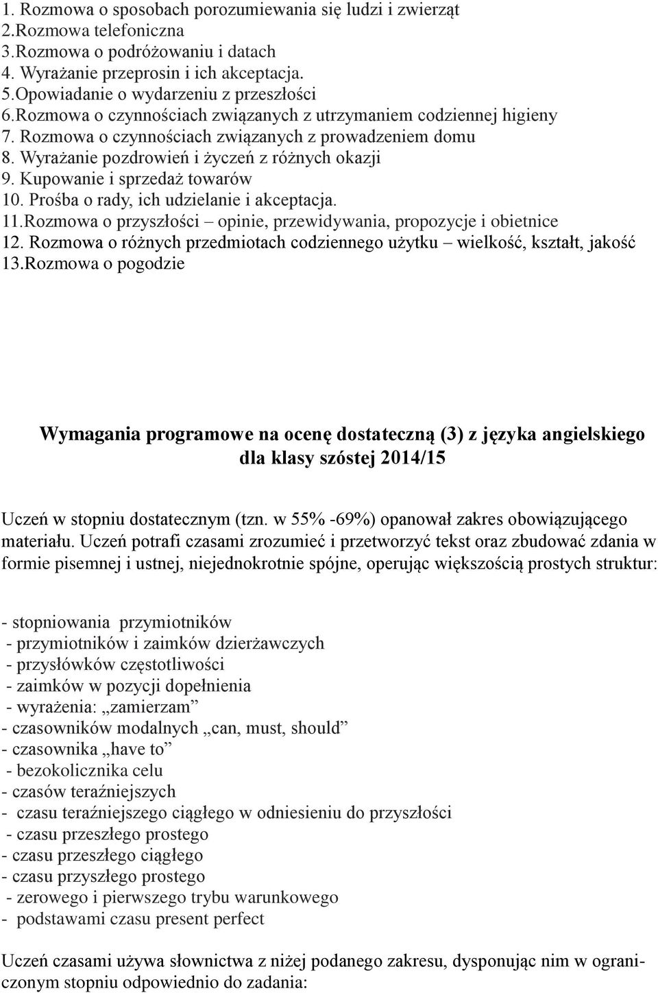 Wyrażanie pozdrowień i życzeń z różnych okazji 9. Kupowanie i sprzedaż towarów 10. Prośba o rady, ich udzielanie i akceptacja. 11.