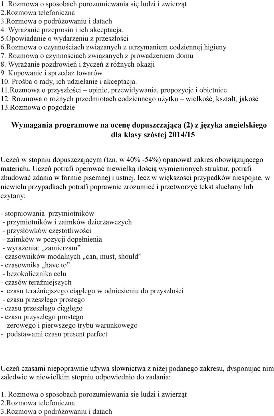 Wyrażanie pozdrowień i życzeń z różnych okazji 9. Kupowanie i sprzedaż towarów 10. Prośba o rady, ich udzielanie i akceptacja. 11.