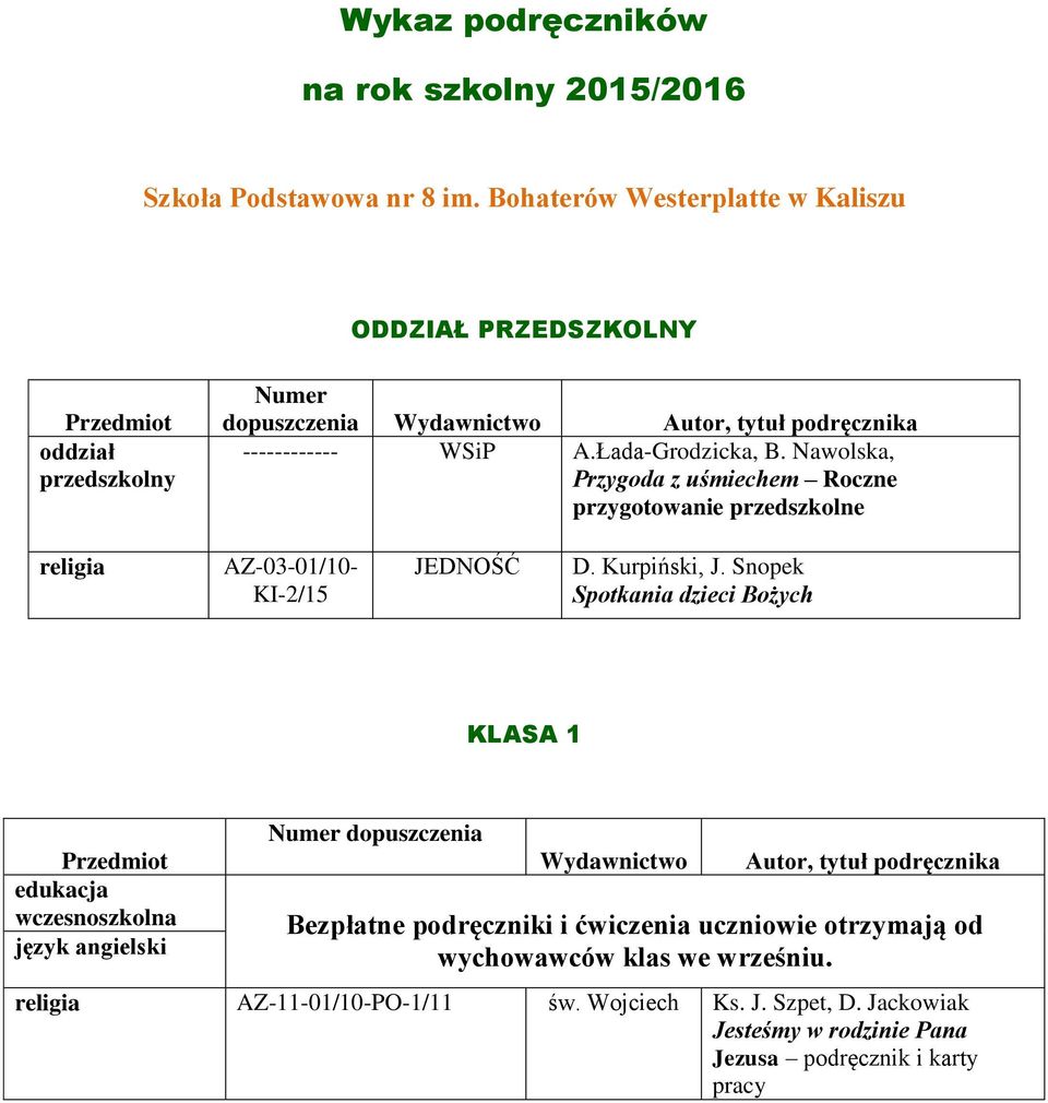 Nawolska, Przygoda z uśmiechem Roczne przygotowanie przedszkolne AZ-03-01/10- KI-2/15 JEDNOŚĆ D. Kurpiński, J.