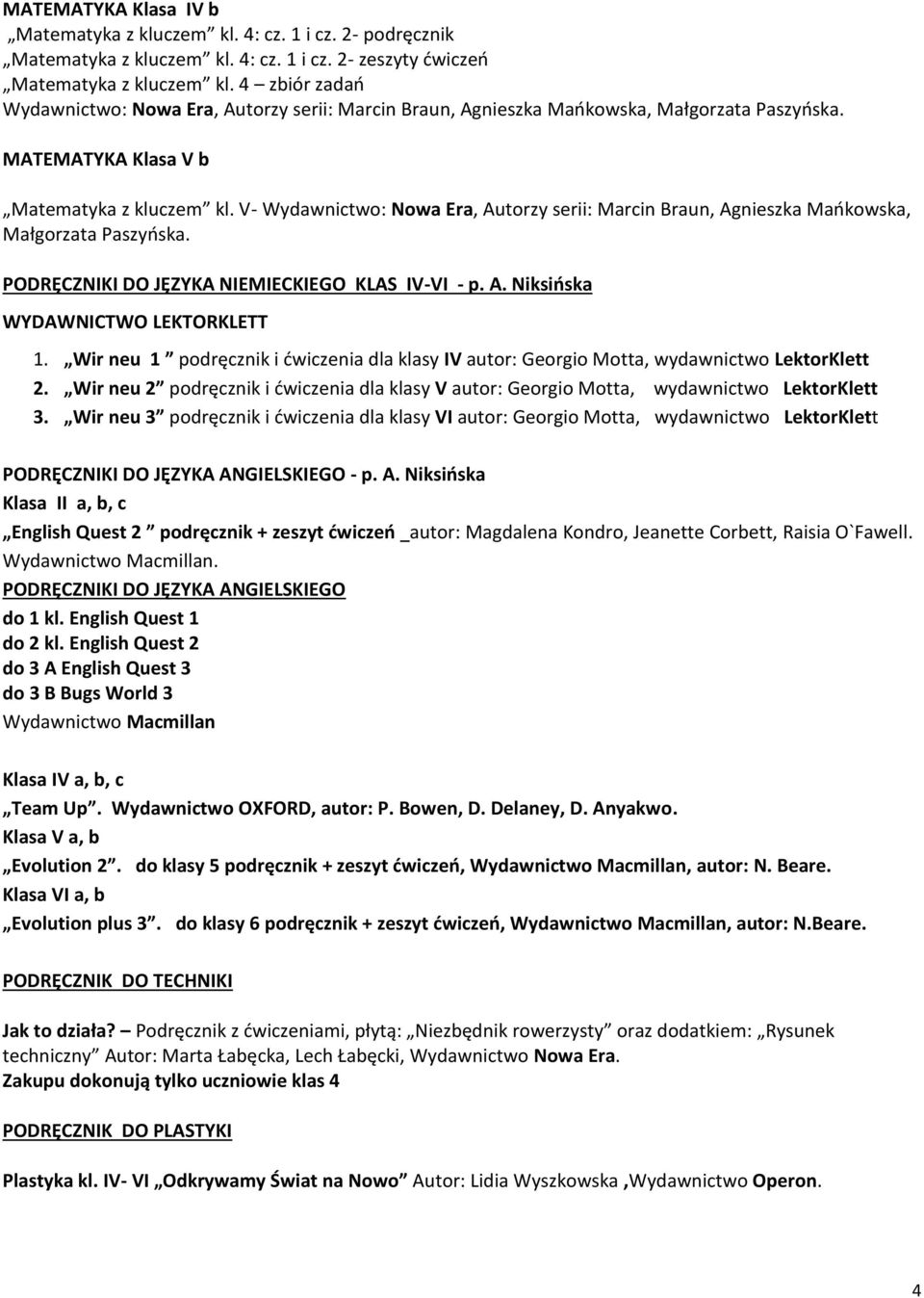 V- Wydawnictwo: Nowa Era, Autorzy serii: Marcin Braun, Agnieszka Mańkowska, Małgorzata Paszyńska. PODRĘCZNIKI DO JĘZYKA NIEMIECKIEGO KLAS IV-VI - p. A. Niksińska WYDAWNICTWO LEKTORKLETT 1.